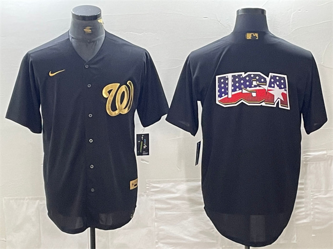 Men's Washington Nationals Black Team Big Logo Cool Base Stitched Baseball Jersey